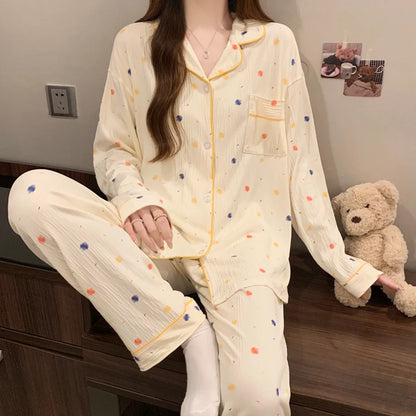 Pink Bow Tie Design Pajamas for Women Long Sleeve Top & Elastic Waist Pants Pajamas Set Harajuku Style Casual New Home Wear