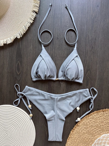 2025 New Sexy Triangle Bathing Suit for Women Brazilian Bikinis Halter Swimwear Push Up Swimsuit Metal Chain Beach Bikini Set