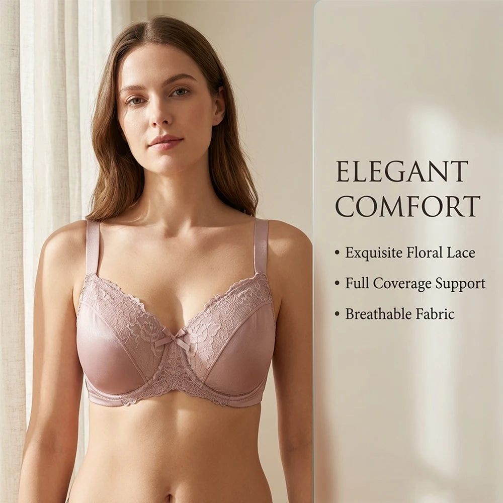 Sheroine Plus Size Floral Lace Underwire Bra, Minimizer Full Coverage Non Padded Support Bra for Everyday Comfort & All-Day Wear