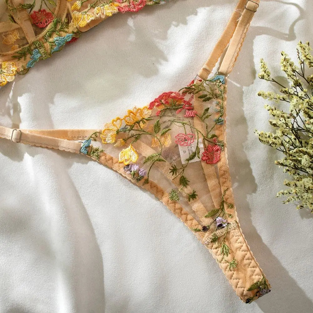 2-Piece Embroidery Lingerie Set Sexy Floral Sheer Wireless Bra Boho Bra Panty Set
