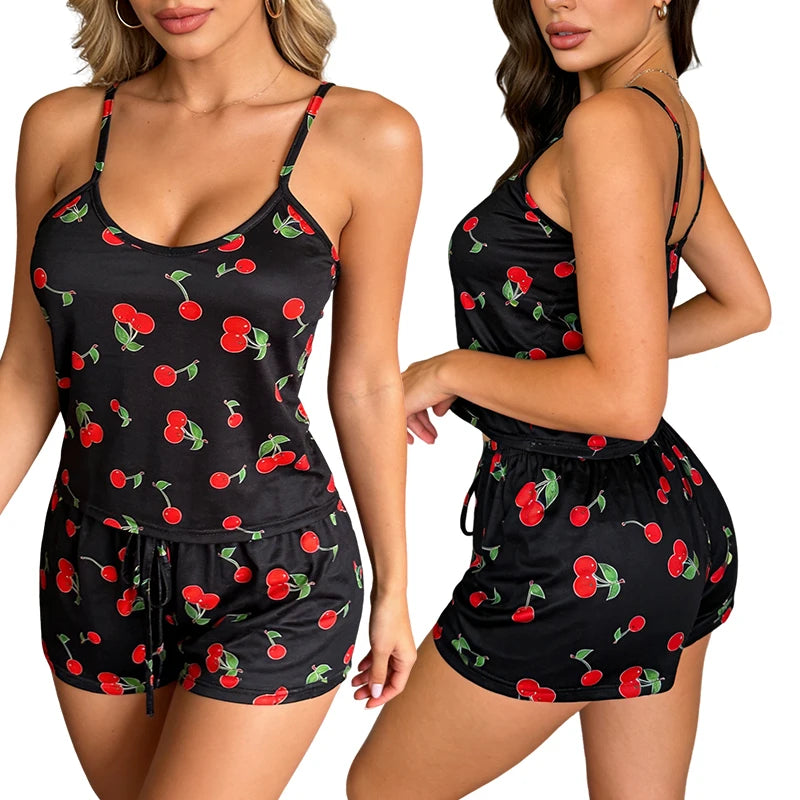 2Pcs Satin Pajama Set for Women Sleepwear Sexy Strap Vest Top Shorts Nightwear Pijamas Sexy Lingerie Sleep Shorts Set Sleepwear