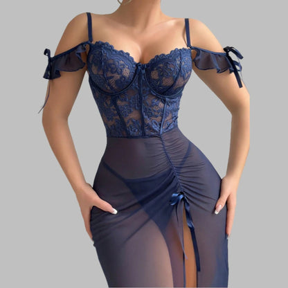 Ladies V Neck Sleepwear Set with Spaghetti Straps Lace Up Front and Sheer Mesh Fabric with Slit Includes Nightdress and Panties