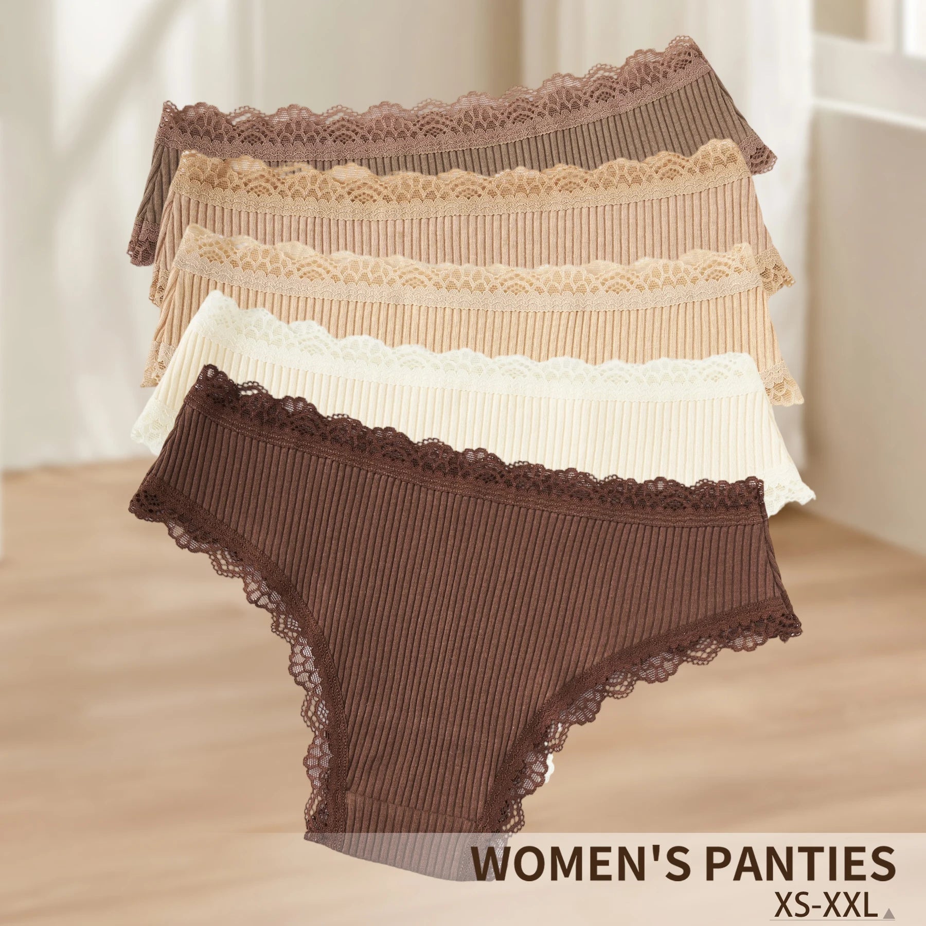 5PCS/Set Fashion Maillard Colored Women Underwear Lace Trim Low-Rise Sexy Briefs Soft Breathable Cotton Panties Bow Design Girls