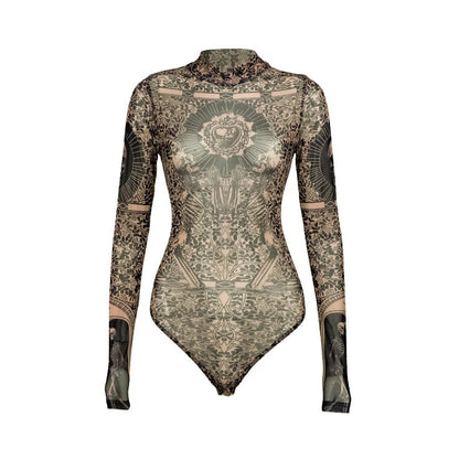 Gothic Print Naked See Through Bodycon Jumpsuits Y2K Lace Mesh Long Sleeve Slim Bodysuits Women Summer T-Shirts Tops Streetwear