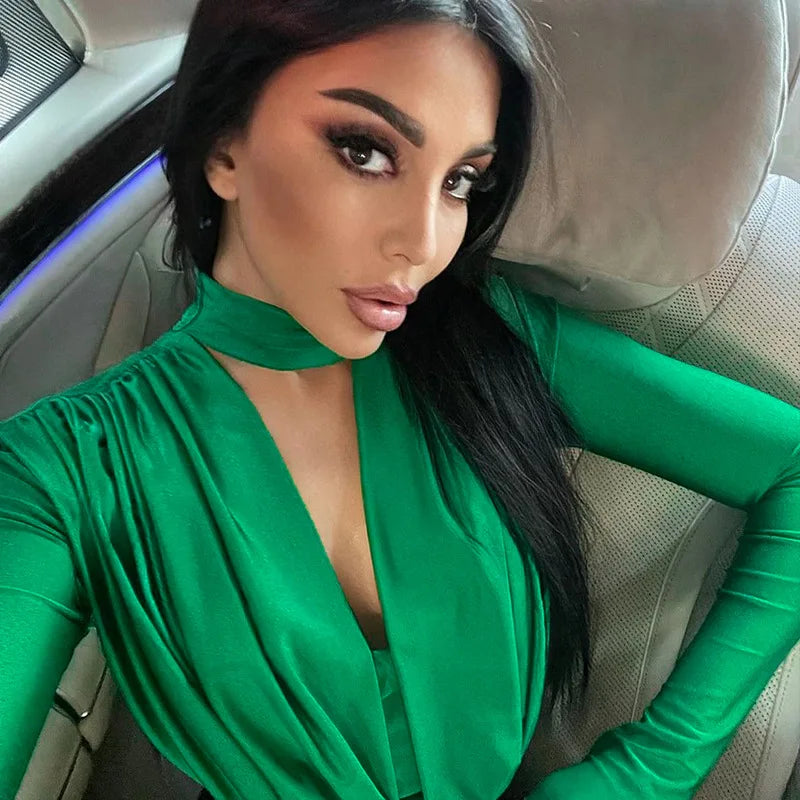 BornToGirl Sexy Slim Bodysuit Women Elegant Black Red Green Long Sleeve V Neck One Pieces Bodysuits Jumpsuit Tops Body Suit Y2K