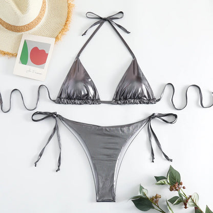 sexy metallic string halter micro mini bikini sets two pieces 2024 women thong swimsuit female bathing suit swimwear biquini