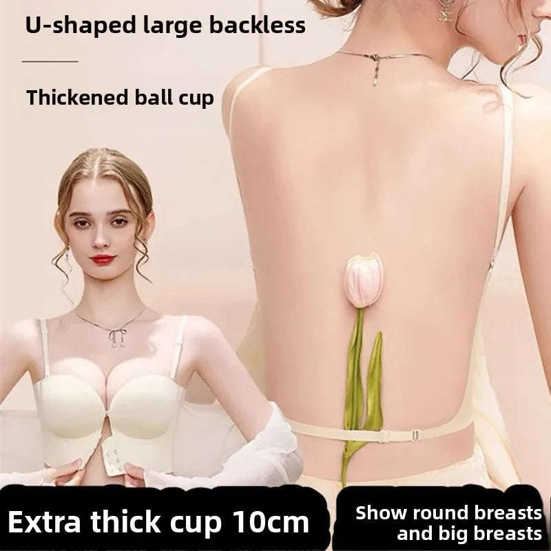 10CM Ultra Push Up Bra for Small Chest  Front Closure U-Back Sticky Strapless Bra for Backless Dresses Lift Plunge Cleavage
