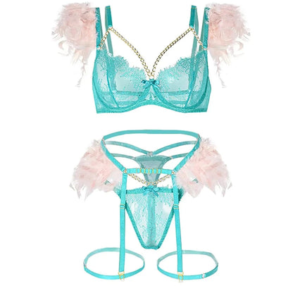 3-Piece Feather Decorated Lace Exotic Sets Women Sexy Patchwork Lingerie Set Chain Bra Panty Garter Underwear Kit For Female