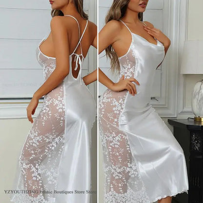 Sexy Hollow Out Long Nightgown Chemise Sleepwear Patchwork Perspective Lace Lingerie Women's Nightdress Homewear Rayon Nightwear