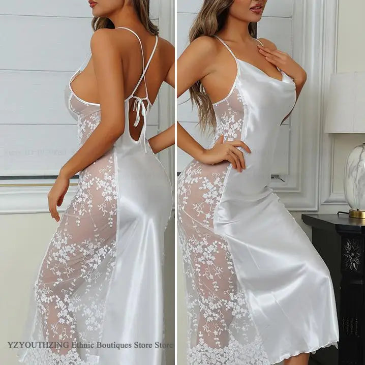 Sexy Hollow Out Long Nightgown Chemise Sleepwear Patchwork Perspective Lace Lingerie Women's Nightdress Homewear Rayon Nightwear