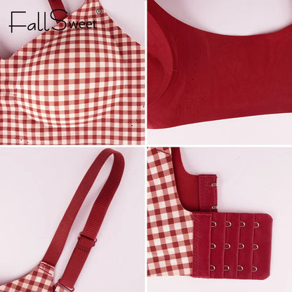 FallSweet Classical Red Plaid Push Up Bra for Women Seamless Wireless Bralette Female Invisible Brassiere Small Breasts Lingerie