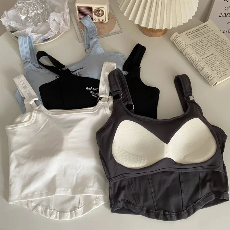 Female Women Print Sleeveless Crop Top Tank Tops Sexy Vest Letters Solid Short Women's T-shirt Camisole Crop Top with Bra Pad