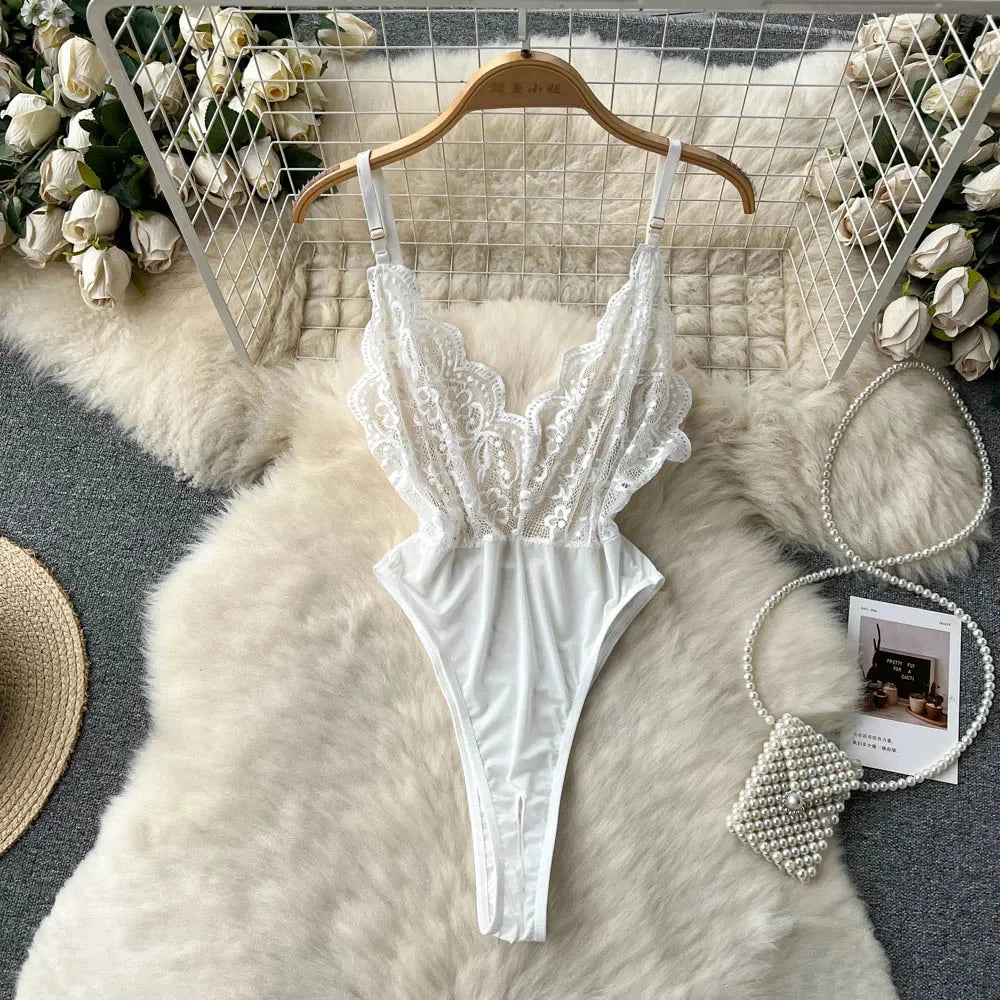 Women Strap Hollow Out Backless French Style Striped Erotic Playsuits Cosplay Slim Fit Underwear Black Lingerie Sexy Bodysuits