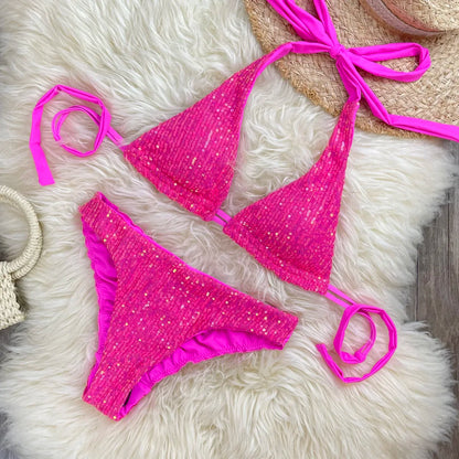 Melphieer Women's Sequins Sparkle Bikini Set Strappy Bandage Ruching Bum Two Piece Swimsuit for Beach Pool Club Holiday Outfits
