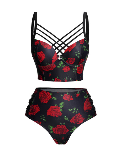 Dressfo Women's Gothic Bikini Swimsuit Bat Crescent Star Print Bathing Suit Cinched Mesh Lace Up Cut Out Swimwear Two Piece Set