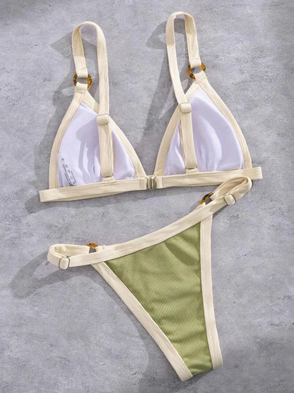 Splicing Ribbed High Cut Rings Bikini Women Swimsuit Female Swimwear Two-pieces Bikini Set Bather Bathing Suit Swim Beachwear