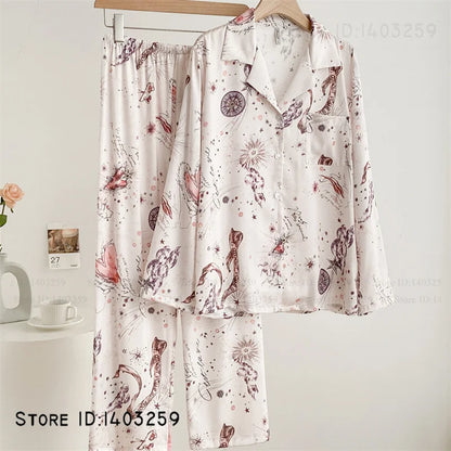 Elegant Silk Satin Women Pajamas Set Lounge Wear Sexy Lingerie Long Sleeve Trouser Pijamas Suit Loose Casual Sleepwear Homewear