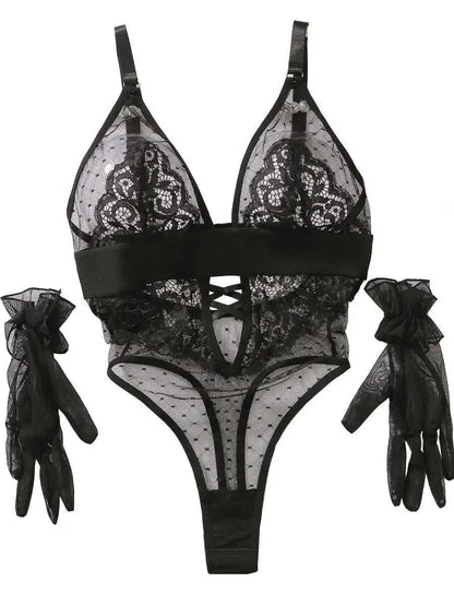 Sexy Bodysuits Polka Dot Mesh Flower Embroidery Lace Glove Backless Deep V Suspenders Sleeveless Bodysuits Charming Casual LE4A