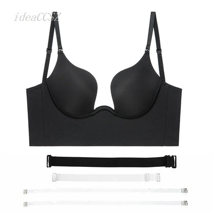 Women Invisible Bra Deep U Plunge Bras Backless Top for Dresses Sexy Lingerie with Transparent Strap Push Up Strapless Underwear