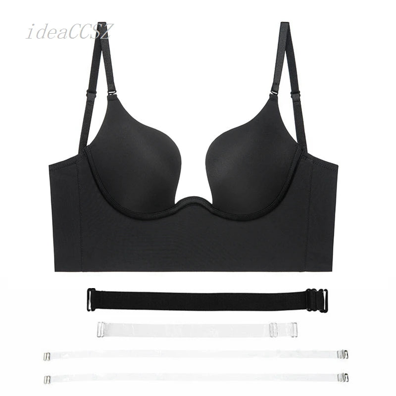 Women Invisible Bra Deep U Plunge Bras Backless Top for Dresses Sexy Lingerie with Transparent Strap Push Up Strapless Underwear