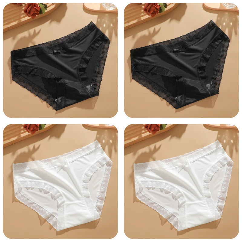 4Pcs Ice Silk Lace Panties Seamless Soild Underwear For Women Sexy Ultra-thin Breathable Briefs Girls Soft Transparent Lingerie