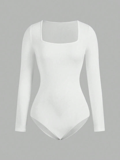 Women's Solid color Square Neck  Open Crotch One-Piece Bodysuit Long Sleeved Body  Lady Streetwear Female Warm Clothing