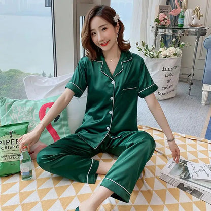Womens Silk Satin Pajamas Pyjamas Set Long Sleeve Sleepwear Pijama Pajamas Suit Female Sleep Two Piece Set Loungewear Plus Size