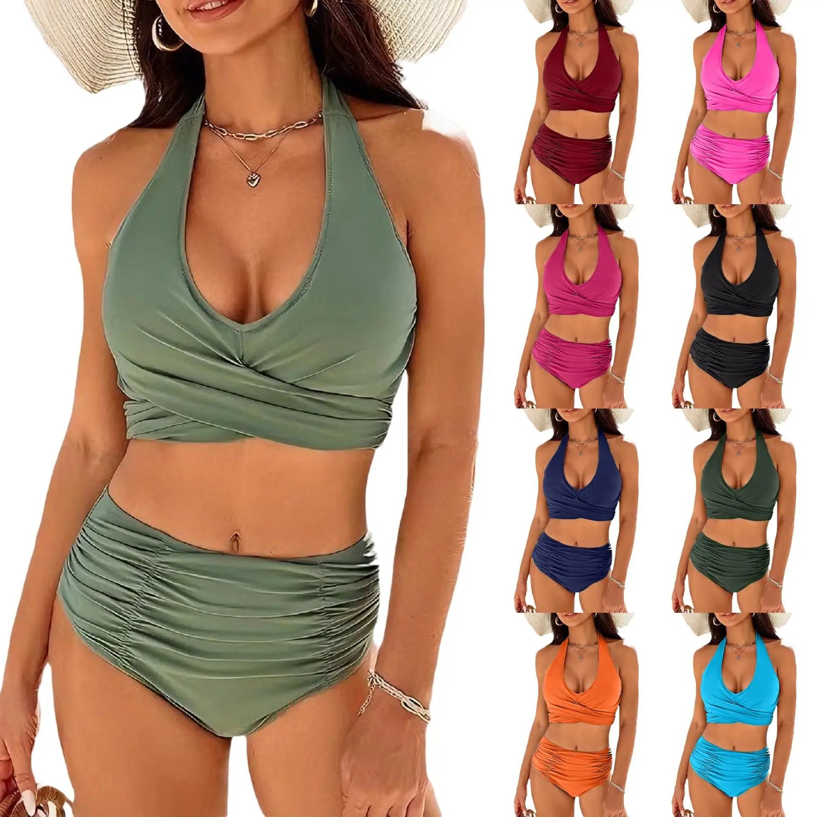 Women Sexy Bikini Summer Halter Neck Twist Front Ruched High Waisted Two Piece Beach Slimming Elegant Swimwear Bathing Suit