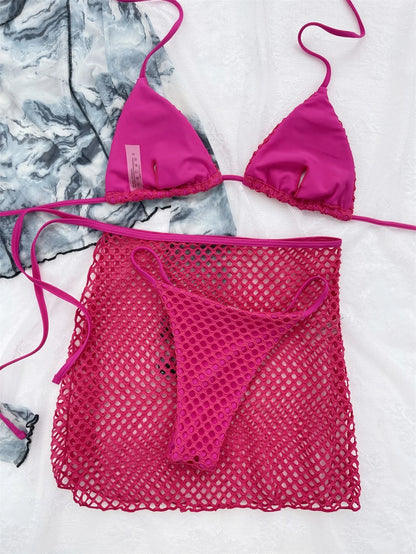 Sexy Mesh Bikini Thong Hollow Out Y2K Swimsuit Women Backless Cover Up Halter Swimwear 3 Piece Beach Outfit Bikinis Bathing Suit