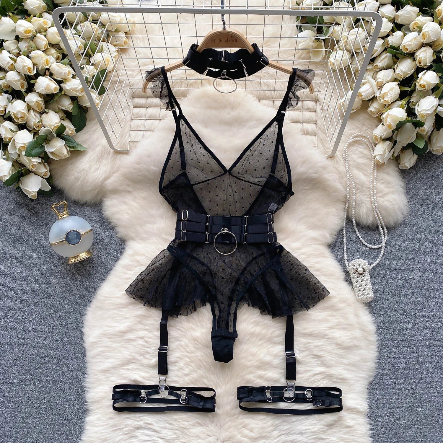 ssTss Ins trendy Girl Sexy Mesh Bottom Strap V-neck one-piece Top bodysuit women's Slimming Waist Ruffle Hemp Vest Jumpsuit