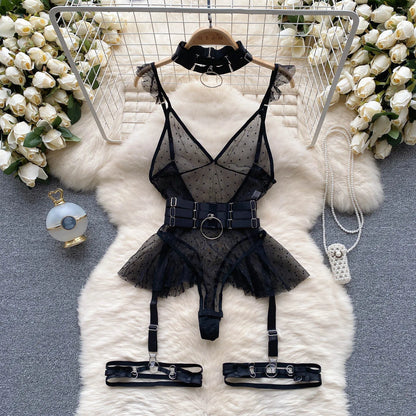 ssTss Ins trendy Girl Sexy Mesh Bottom Strap V-neck one-piece Top bodysuit women's Slimming Waist Ruffle Hemp Vest Jumpsuit