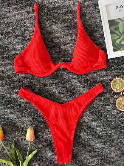 Sexy Neon V-bar Underwired Bikini 2025 Female Ribbed Swimsuit Women Thong Swimwear Two-pieces Bikini set Push up Bathing Suit