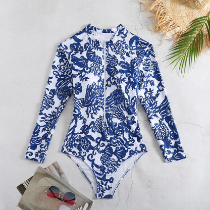 One Piece Swimsuit Long Sleeve Zip Front Blue White One Piece Surf Swimsuit and Sarong Swimwear Slimming Bathing Suit Beach Wear