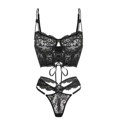 Bra Brief Sets Female Transparent Sexy Romantic Lingerie Black Lace Underwear Flowers Sensual See Through Hot Set