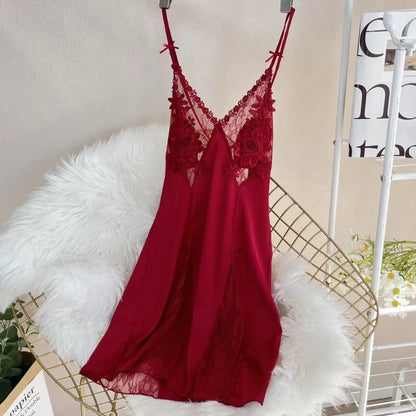 Sexy Hollow Out Lace Strap Nightgown Women Sleepwear Embroidery Flower Robe Silky Satin Nightdress Home Wear Intimate Lingerie