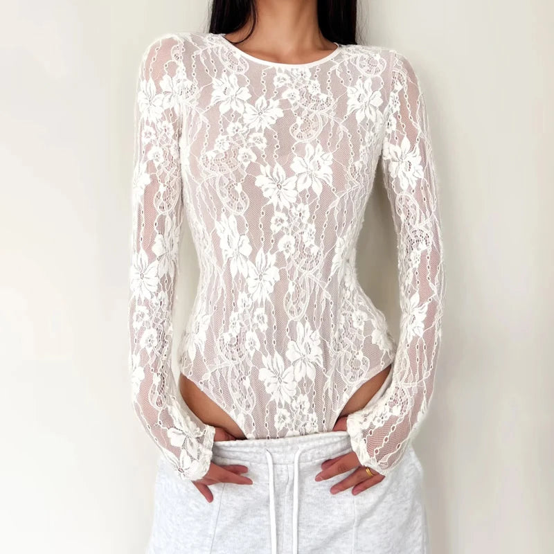 Women's Crew Neck Double Layer Long Sleeved Lace Bodysuit