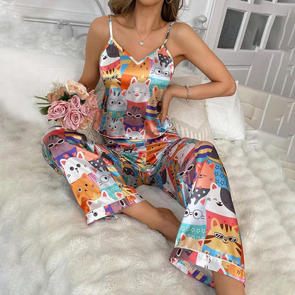 Sexy Lip Print Satin Pajama Pyjama Set V Neck Cami Tops & Elastic Pants For Valentine's Day Women Sleepwear & Loungewear 2 Piece
