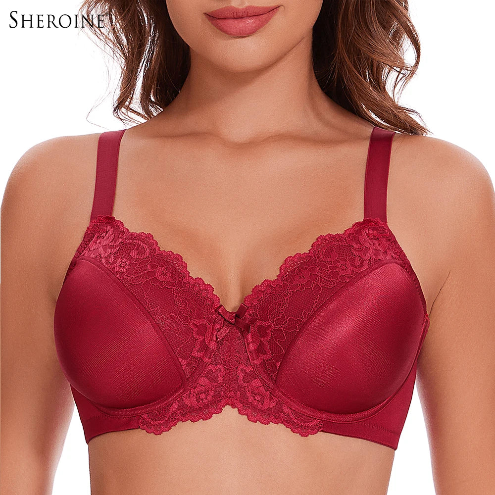 Sheroine Plus Size Floral Lace Underwire Bra, Minimizer Full Coverage Non Padded Support Bra for Everyday Comfort & All-Day Wear