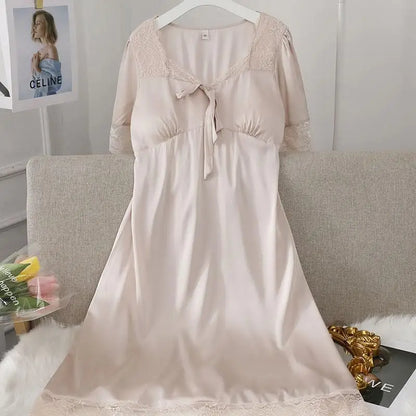 Female Long Nightdress Sexy Hollow Lace Sleepwear Home Dress Palace Style Princess Nightgown Nightwear Casual Satin Loungewear