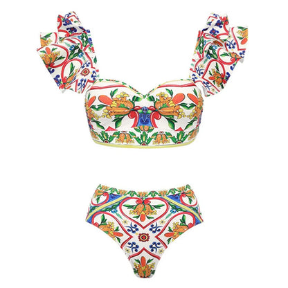 2025 New 2-Piece Shoulder Ruffle Swimsuit With Cover Up Sexy Women Swimwear Push Up Biquini Bathsuit Bodysuit Beachwear Dress
