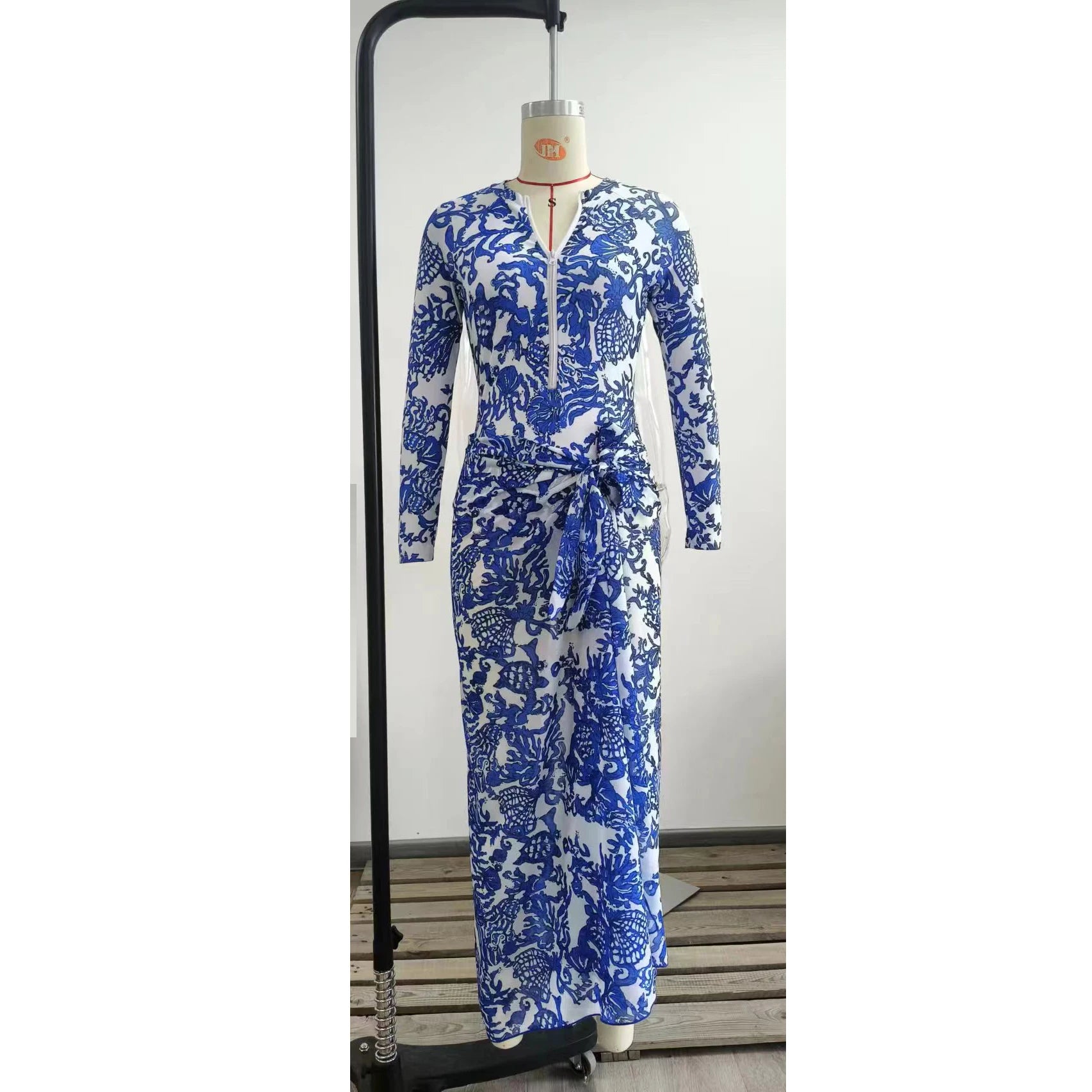 One Piece Swimsuit Long Sleeve Zip Front Blue White One Piece Surf Swimsuit and Sarong Swimwear Slimming Bathing Suit Beach Wear