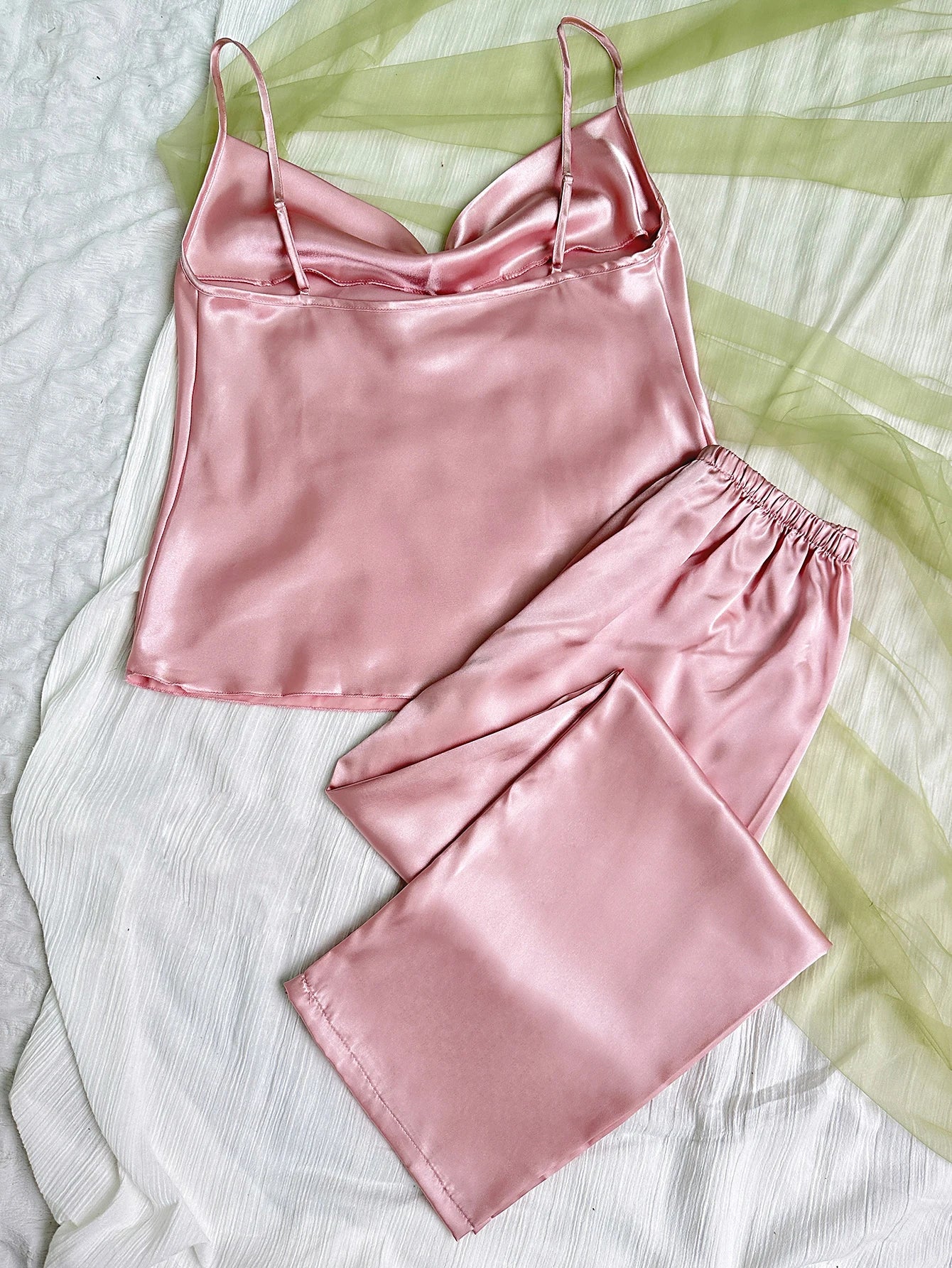 Solid Satin Pajama Set Draped Collar Cami Top Elastic Waistband Pants Women's Sleepwear Loungewear
