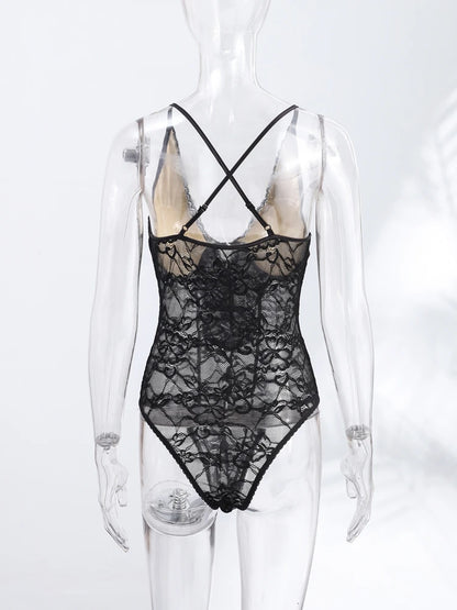 Sexy Lace Halter Bodysuits Women's Slim Sleeveless Waist-cinching Deep V-neck Suits 2026 New Ladies Spring Summer Solid Outwear