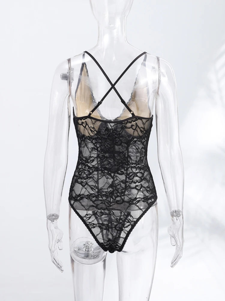 Sexy Lace Halter Bodysuits Women's Slim Sleeveless Waist-cinching Deep V-neck Suits 2026 New Ladies Spring Summer Solid Outwear