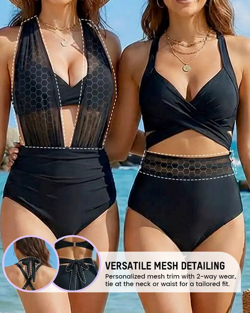 Tummy Control Mesh Bikini Set Women Monokini Swimsuit Sexy Deep V-Neck 1 Piece Bathing Suit Summer Solid Sexy Tight Resort Wear