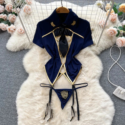 Women Strap Hollow Out Backless French Style Striped Erotic Playsuits Cosplay Slim Fit Underwear Black Lingerie Sexy Bodysuits