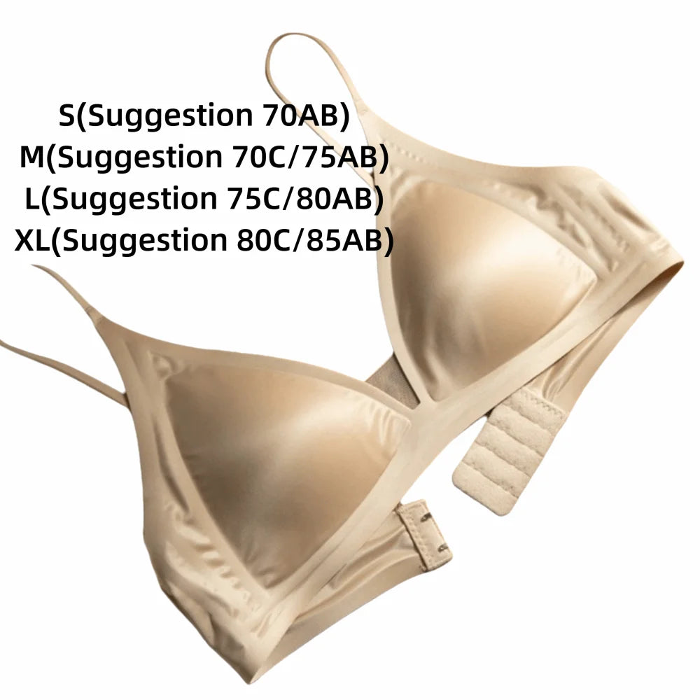 Milk Satin French Deep V-neck Bra Wire Free Soft Support Seamless Bra Backless Design Adjusted Straps Small Chest Bra