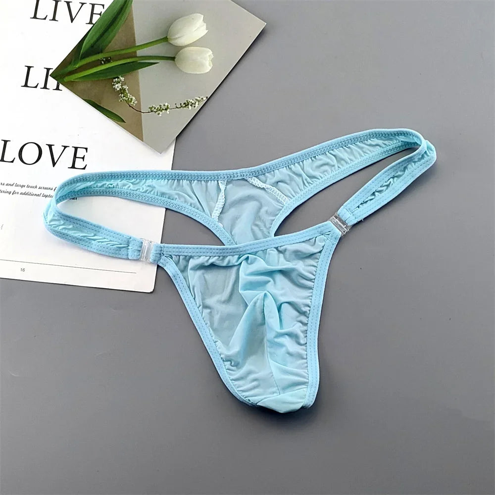Translucent Buckle Men Thong Nylon and Spandex Sexy U Convex Briefs G-string/Jocks/Tanga/T-back Gay Underwear