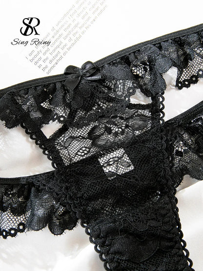 SINGREINY Hotsweet Lace Night Underwear Suits Women Strap Sheer Mesh Bra+Ruffles Thongs 2025 Erotic Lingerie Two Pieces Sets