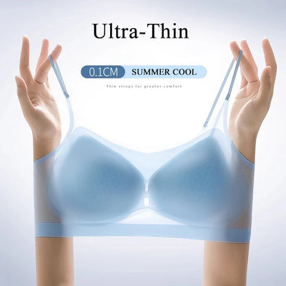 Ultra-thin Ice Silk Padded Bra Seamless Underwear Women's Thin Section Sling Beautiful Back Vest Tops Big Chest Small Sleep Bra